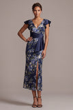Mermaid Navy Floral V-Neck Jacquard Midi Mother Of the Bride Dress with Slit