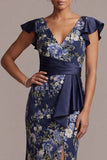 Mermaid Navy Floral V-Neck Jacquard Midi Mother Of the Bride Dress with Slit