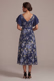 Navy A-Line Floral V-Neck Midi Mother Of the Bride Dress with Slit