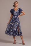 Navy A-Line Floral V-Neck Midi Mother Of the Bride Dress with Slit