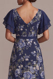 Navy A-Line Floral V-Neck Midi Mother Of the Bride Dress with Slit