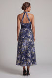 Navy A-Line Halter Neck Floral Midi Mother Of the Bride Dress