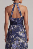 Navy A-Line Halter Neck Floral Midi Mother Of the Bride Dress