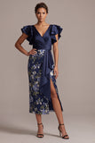Navy Floral Bodycon V-Neck Ruffled Midi Mother Of the Bride Dress with Slit
