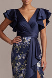 Navy Floral Bodycon V-Neck Ruffled Midi Mother Of the Bride Dress with Slit
