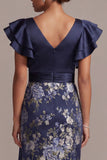 Navy Floral Bodycon V-Neck Ruffled Midi Mother Of the Bride Dress with Slit