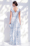 Chiffon A-Line Blue Floral V-Neck Tiered Ruffled Long Mother Of the Bride Dress with Belt