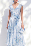 Chiffon A-Line Blue Floral V-Neck Tiered Ruffled Long Mother Of the Bride Dress with Belt