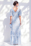 Mermaid Chiffon Blue Floral V-Neck Ruffled High Low Mother Of the Bride Dress
