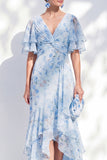 Mermaid Chiffon Blue Floral V-Neck Ruffled High Low Mother Of the Bride Dress