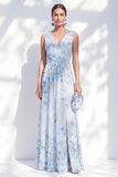 A-Line Chiffon Blue Floral V-Neck Ruched Long Mother Of the Bride Dress with Slit