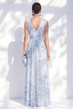 A-Line Chiffon Blue Floral V-Neck Ruched Long Mother Of the Bride Dress with Slit