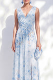 A-Line Chiffon Blue Floral V-Neck Ruched Long Mother Of the Bride Dress with Slit