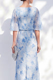 Mermaid Light Blue Chiffon Floral Ruffled Bateau Neck Long Mother Of the Bride Dress
