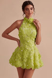 A-Line Daffodil Floral Halter Neck Homecoming Dress with Beading