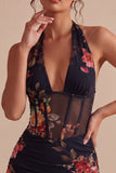Black Halter Neck Floral Sheer Corset Bodycon Mini Cocktail Dress