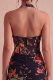 Black Halter Neck Floral Sheer Corset Bodycon Mini Cocktail Dress