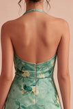 Light Green Halter Neck Floral Bodycon Mini Cocktail Dress