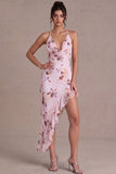 Pink Halter Neck Floral Asymmetrical Cocktail Dress with Ruffles