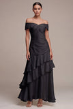Off the Shoulder A Line Long Black Tie Dress with Ruffles