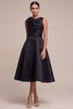 Black Round Neck A Line Midi Formal Dress with Bow