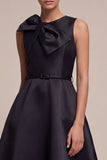 Black Round Neck A Line Midi Formal Dress with Bow