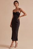 Spaghetti Straps Ruched Mermaid Midi Black Tie Dress