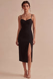 Black Bodycon Midi Spaghetti Straps Formal Dress with Slit