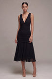 V-Neck Ruched A Line Backless Midi Black Tie Dress