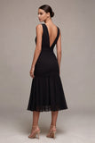 V-Neck Ruched A Line Backless Midi Black Tie Dress