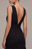 V-Neck Ruched A Line Backless Midi Black Tie Dress