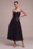 Sparkly Strapless A Line Midi Black Tie Dress with Sequins
