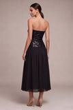 Sparkly Strapless A Line Midi Black Tie Dress with Sequins