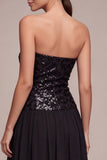 Sparkly Strapless A Line Midi Black Tie Dress with Sequins