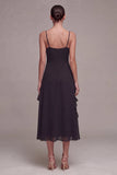 A Line Spaghetti Straps Midi Black Tie Dress with Ruffles