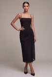Sheath Ruched Spaghetti Straps Midi Black Tie Dress