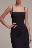 Sheath Ruched Spaghetti Straps Midi Black Tie Dress