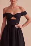 Black Off the Shoulder Keyhole Midi A Line Formal Dress