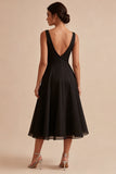 Black V-Neck Ruched A Line Midi Formal Dress