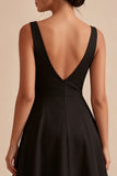 Black V-Neck Ruched A Line Midi Formal Dress