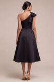 Black One Shoulder A Line Midi Formal Dress with Bow