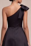 Black One Shoulder A Line Midi Formal Dress with Bow