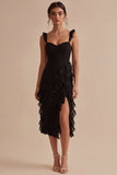 Black Ruffled Thick Straps Midi Formal Dress with Slit