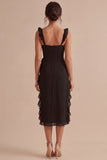 Black Ruffled Thick Straps Midi Formal Dress with Slit