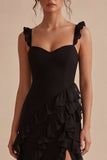 Black Ruffled Thick Straps Midi Formal Dress with Slit