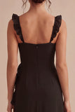 Black Ruffled Thick Straps Midi Formal Dress with Slit