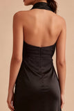 Backless Halter Midi Black Mermaid Formal Dress with Slit