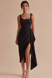 Black Scoop Bodycon Midi Ruched Formal Dress with Sash