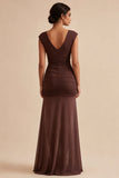Brown V-Neck Ruched Long Mermaid Formal Dress