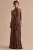 Dark Coffee Halter Pleated Long A Line Backless Formal Dress